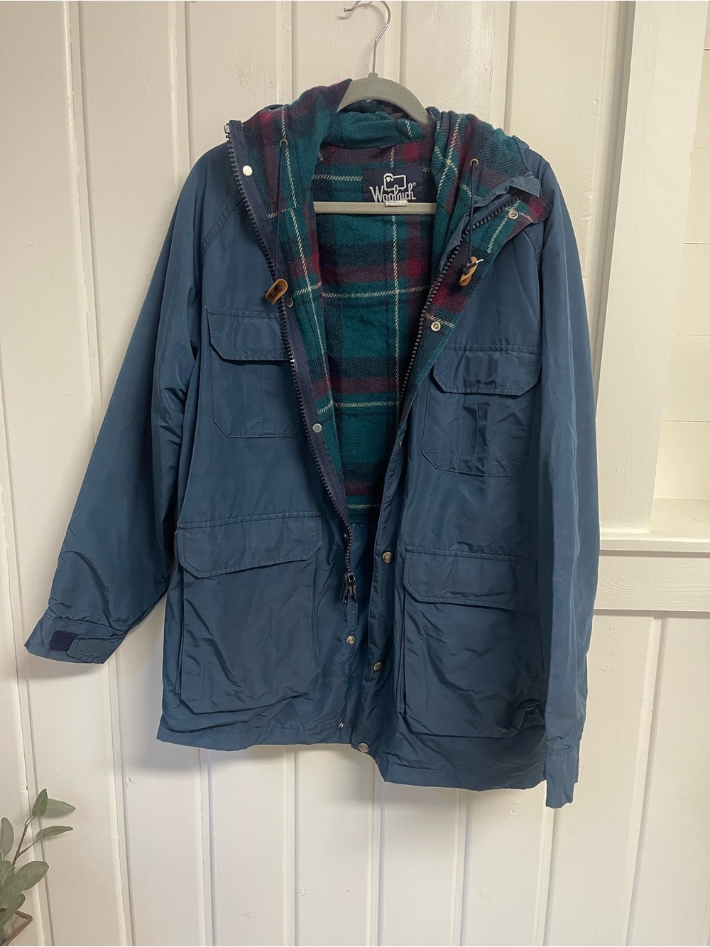 Vintage Woolrich 6110 Mountain Parka Blue Plaid Wool Lined Hooded Jacket L